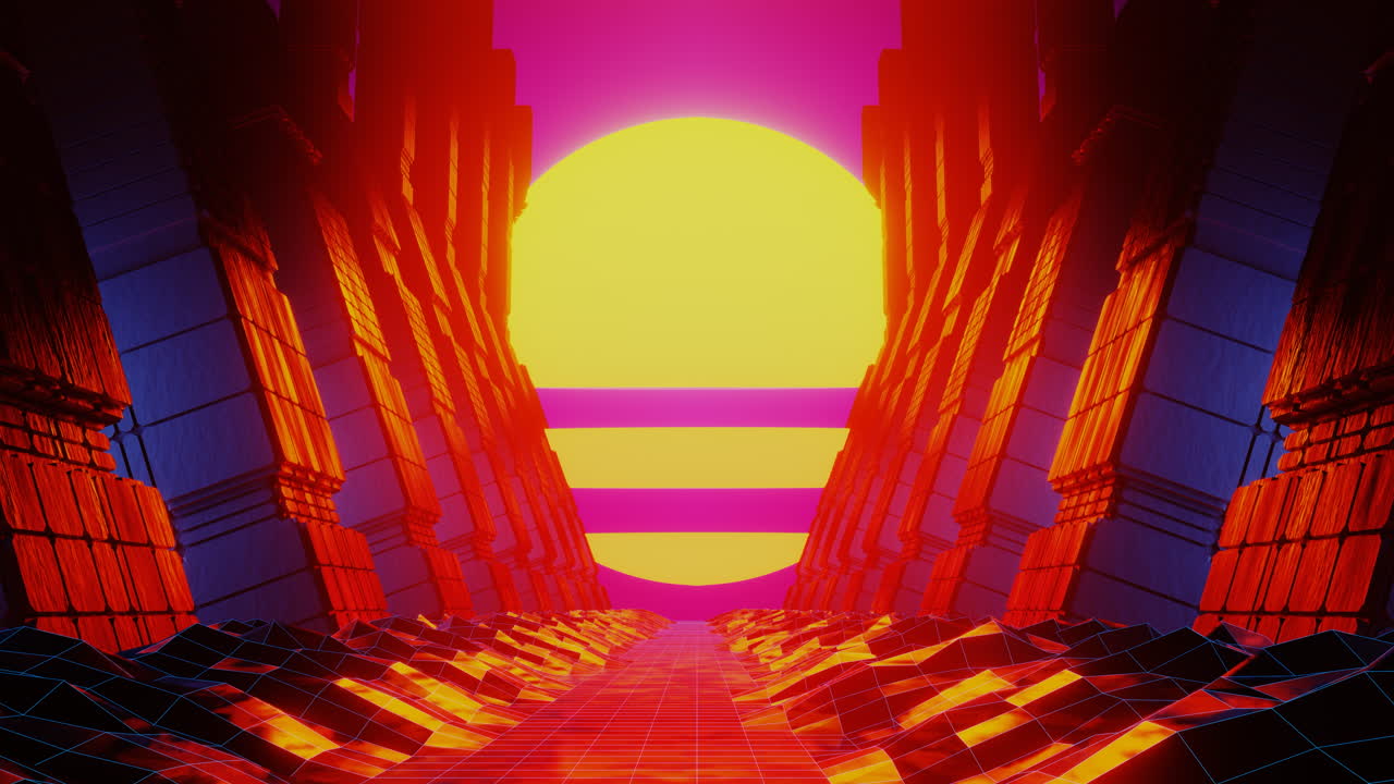 túnel de roca y el sol naranja futurista