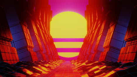 túnel de roca y el sol naranja futurista