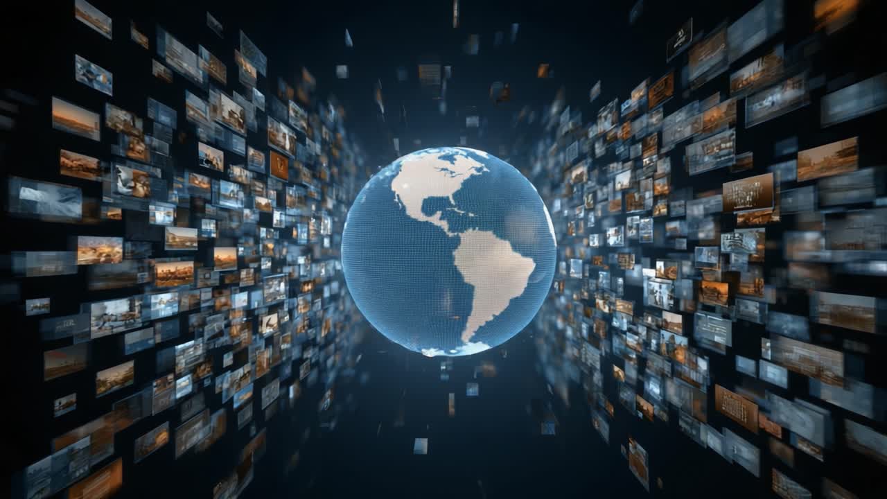 An Engaging 3D Visualization of a Digital Globe Surrounded by Streams of Data and Images, Representing the Interconnection of Global Information in a Modern Context