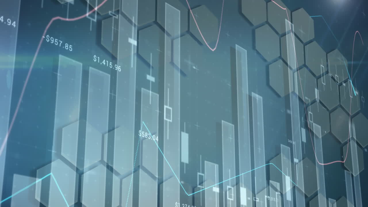 Animation of statistical data processing against hexagonal 3d shapes pattern on blue background