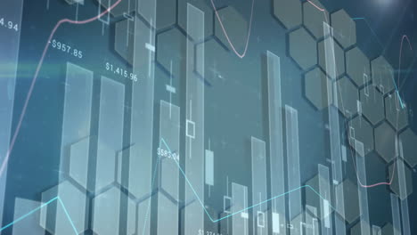 Animación-Del-Procesamiento-De-Datos-Estadísticos-Contra-Un-Patrón-De-Formas-Hexagonales-3d-Sobre-Fondo-Azul