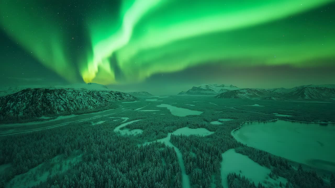 Emerging auroral glow appearing over snow-covered forest and frozen river, with drifting curtains