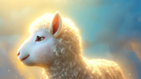 lamb standing against cloudy sky, white wool illuminated by soft sunlight, creating luminous halo effect with ethereal visual quality
