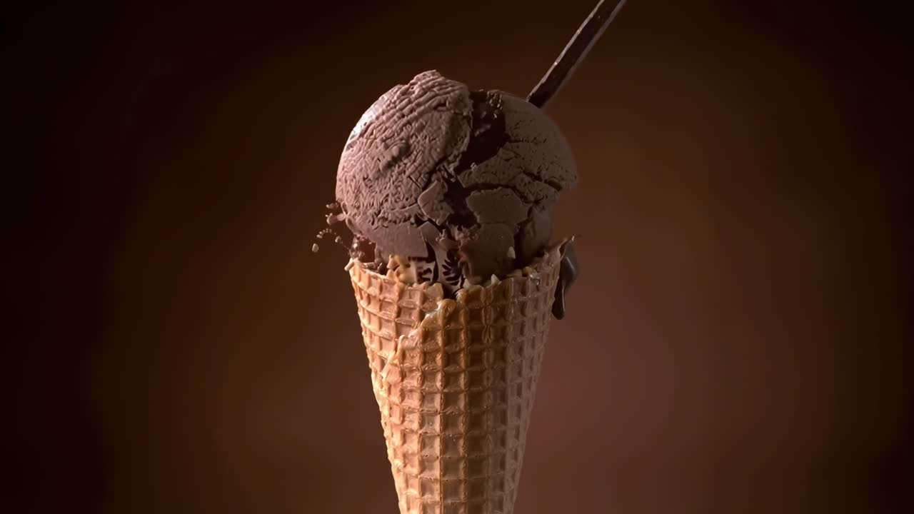 Video ravvicinato di un cono di gelato al cioccolato, ripreso da un angolo basso con uno sfondo scuro