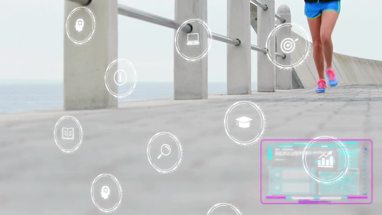 Person jogger på strandpromenade med digitale ikoner og data-behandlingsanimations-overlay