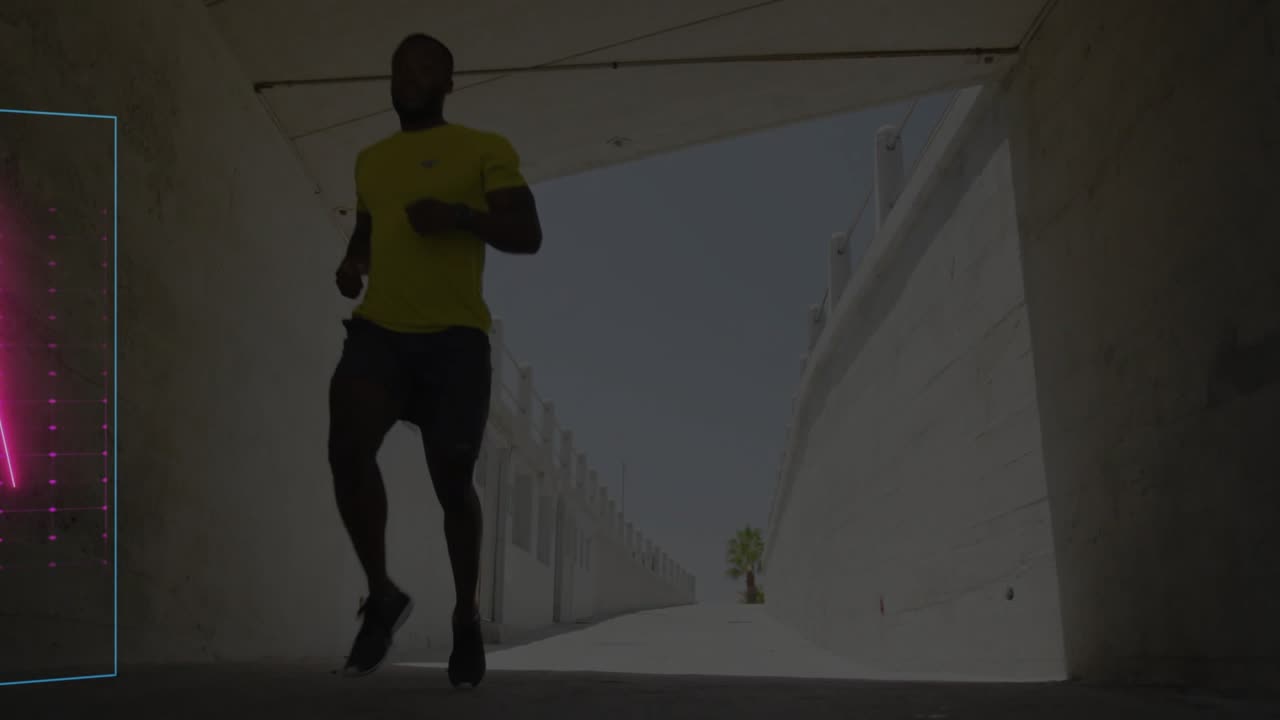 Male runner running tunnel on approach, ECG panels expanding, pulsing, syncing wearable for health