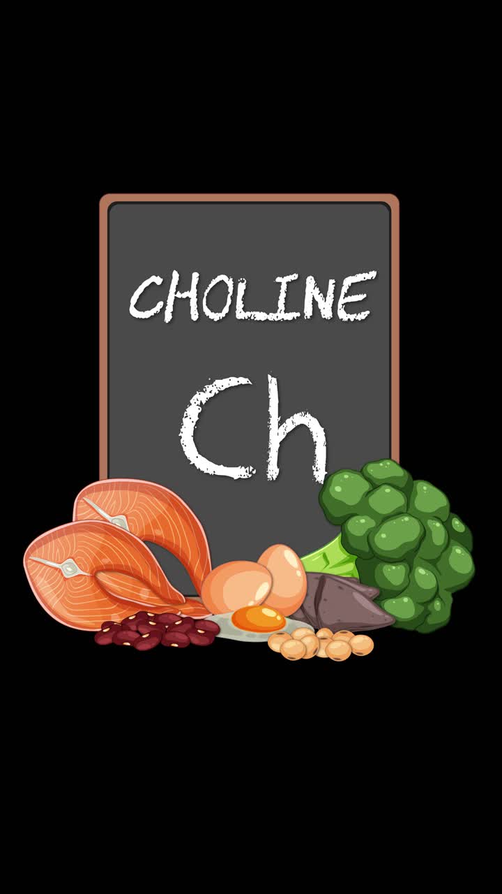 Blackboard with choline symbol, healthy foods appear sequentially, bright lighting, smooth transitions, vertical format