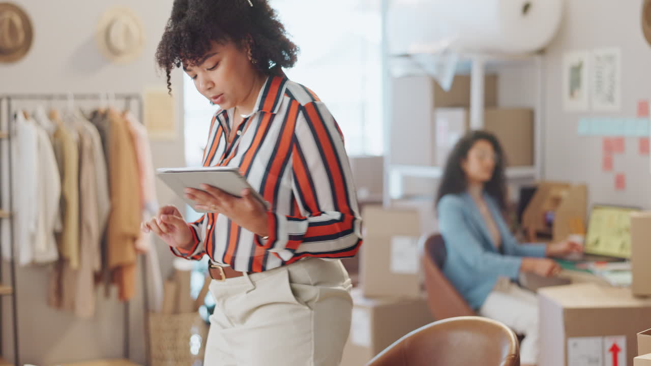 Fashion design, store and woman with tablet