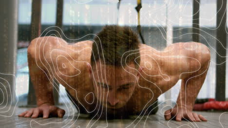 animación del procesamiento de datos y líneas blancas sobre el hombre haciendo flexiones
