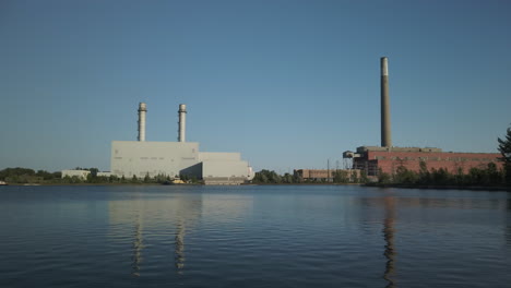 the old hearn generating station juxtaposed with the newer portlands energy centre in toronto