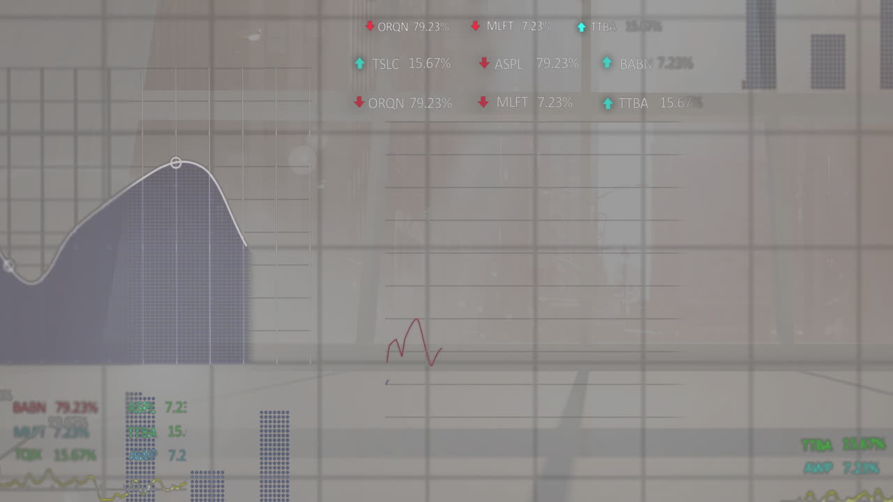 Overlaying office window, animation of financial data and stock market graphs