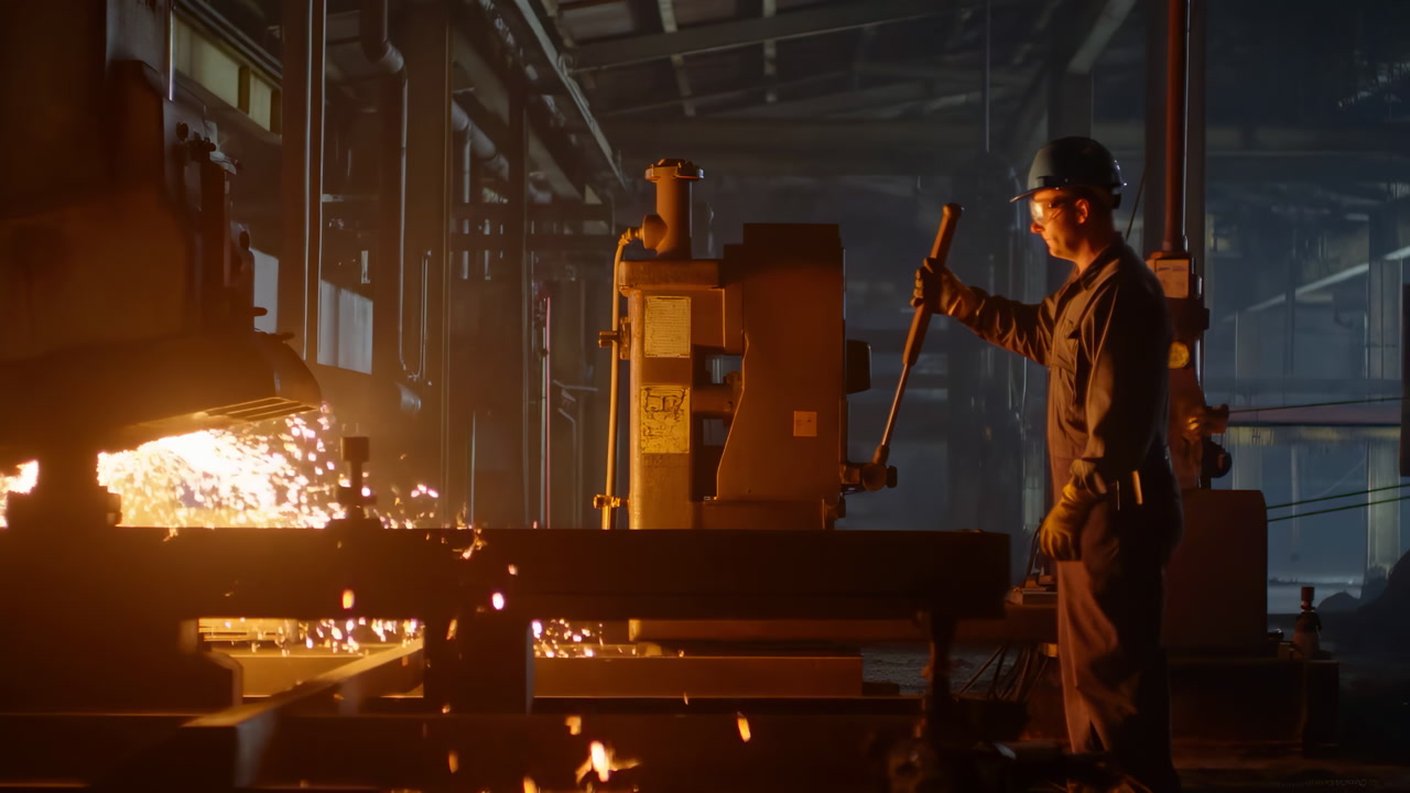 Foundry Worker Operating Heavy Press, Sparks Flying, Guiding Molten Steel Into Mold Inside Dim Industrial