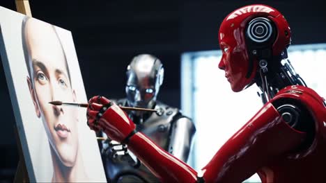 A Red Robot and Silver Automation Collaborating on a Portrait, Showcasing the Intersection of Technology and Art in a Futuristic Setting