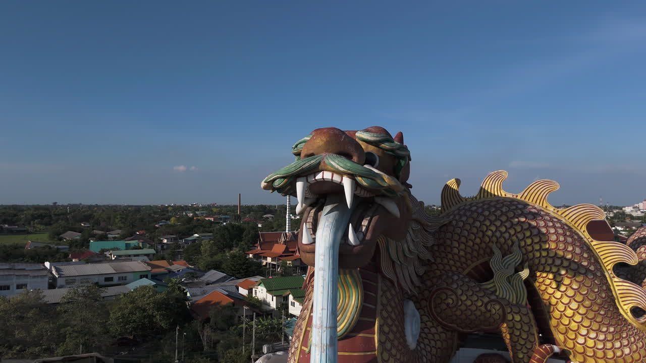 Large Golden Dragon Statue - Dragon Descendants Museum In Thailand - Drone Shot