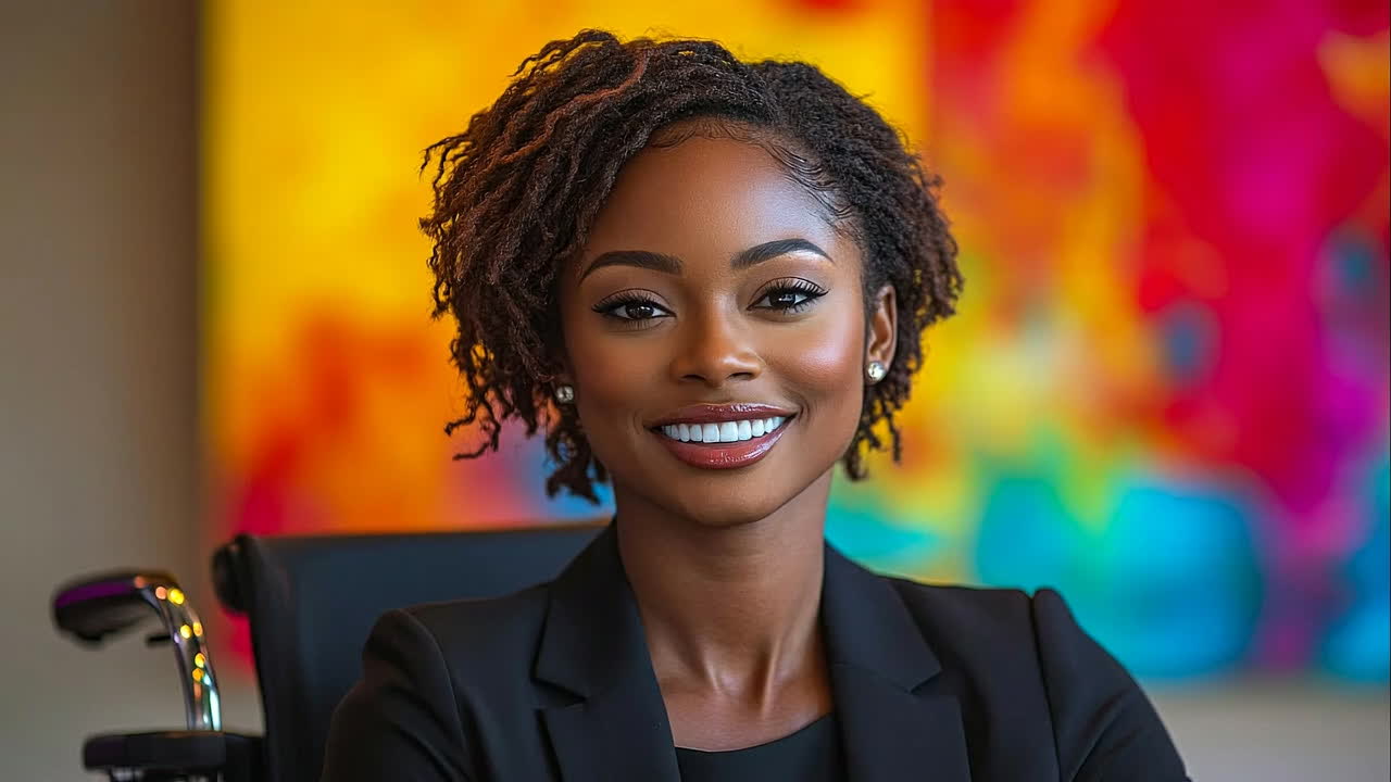 Speaker at lively event. A confident businesswoman delivers a speech in a lively setting with colorful artwork on display