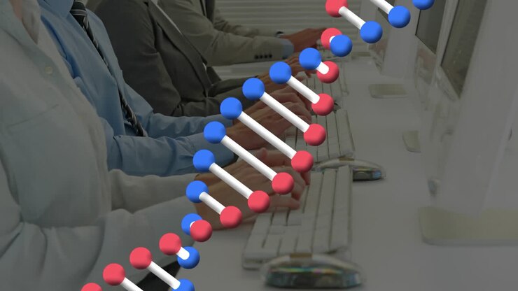 Animazione di elica di DNA su busto di diversi operatori del servizio clienti che lavorano al computer.