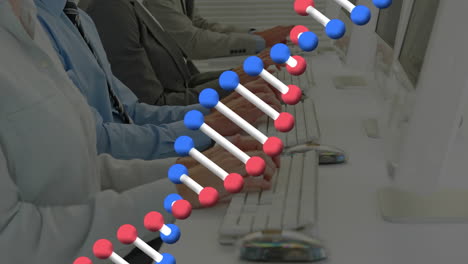 animación de la hélice de adn sobre la sección media de diversos agentes de servicio al cliente que trabajan en la computadora