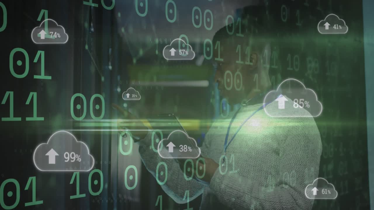 Animation of data processing over african american male server room worker