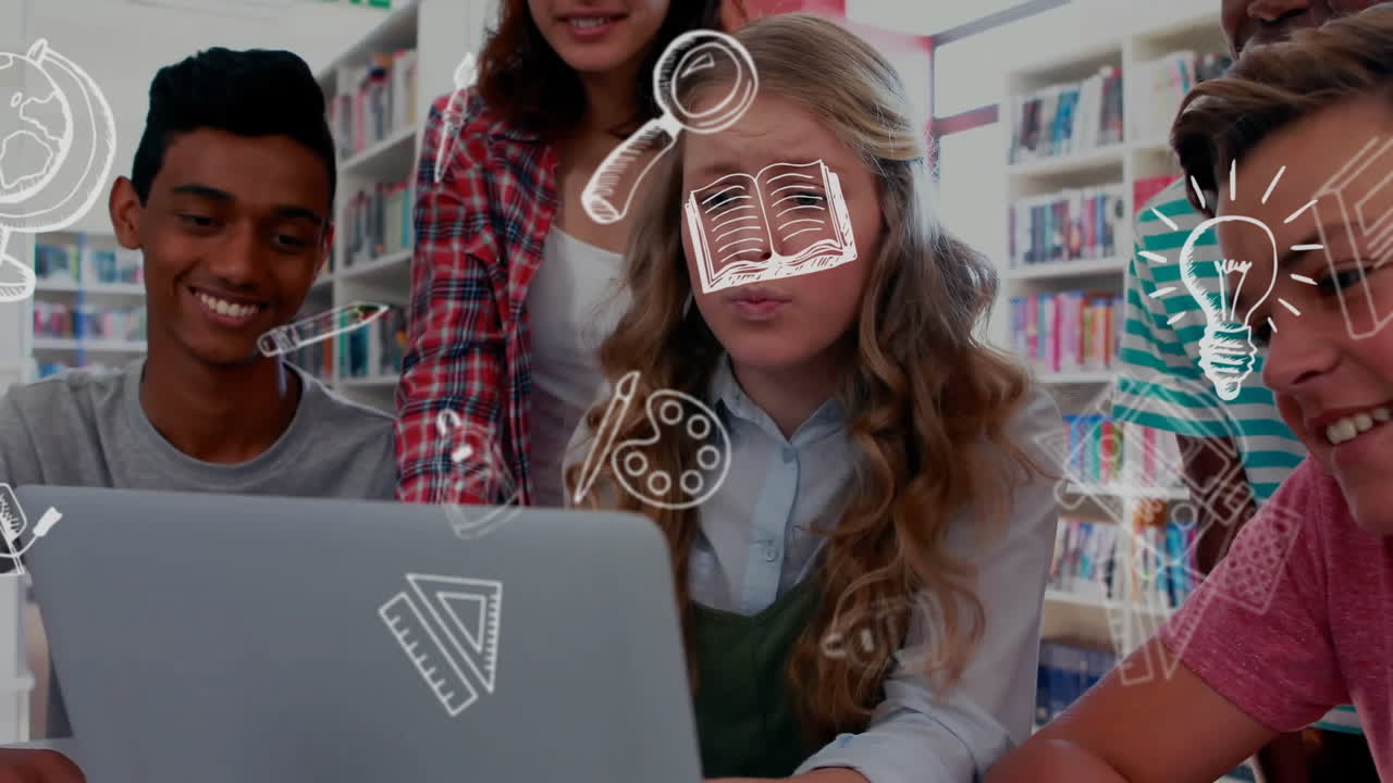 animación de iconos escolares de educación sobre diversos escolares en el aula