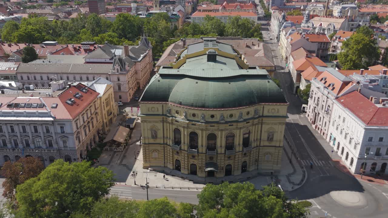 Drone view of Széged National Theatre facade, highlighting its ornate architecture and historic charm