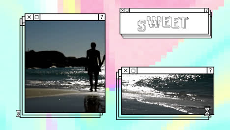 animación de texto dulce y pareja en la playa en las ventanas