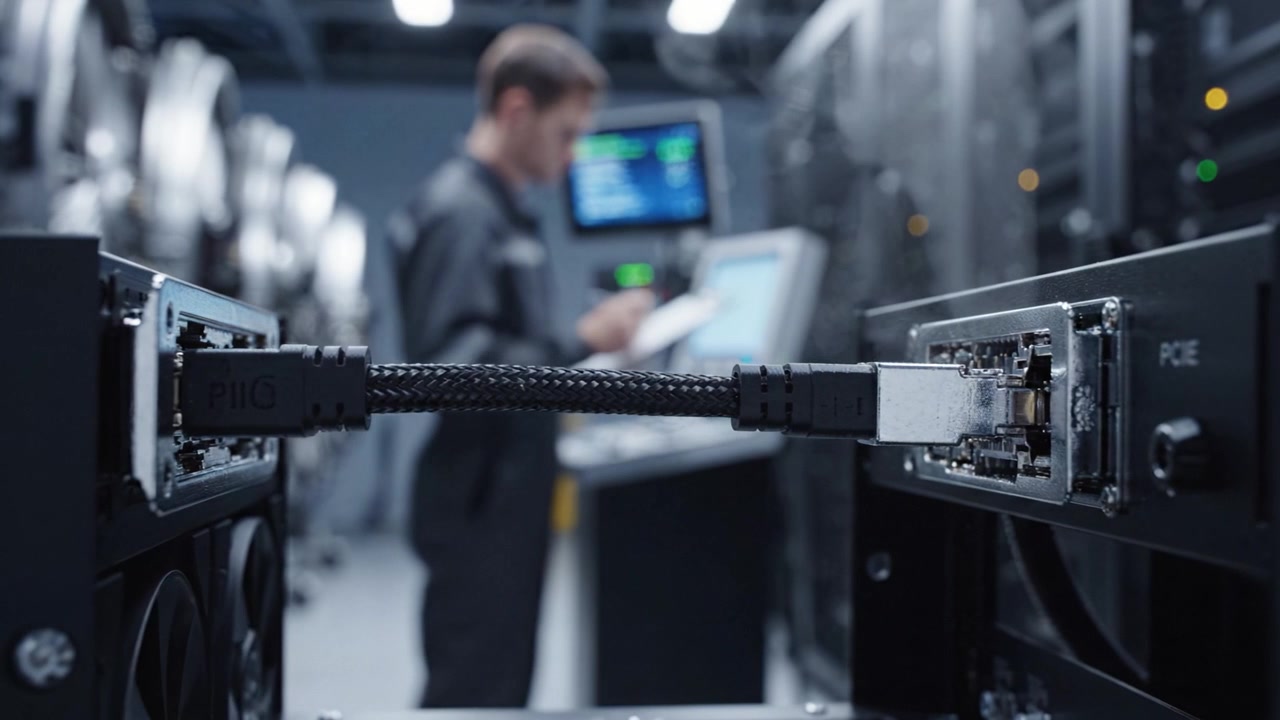 Technician Monitors Equipment in a Server Room, Focusing on Cables and Connections Through a High-Tech Setup in a Dark, Industrial Environment