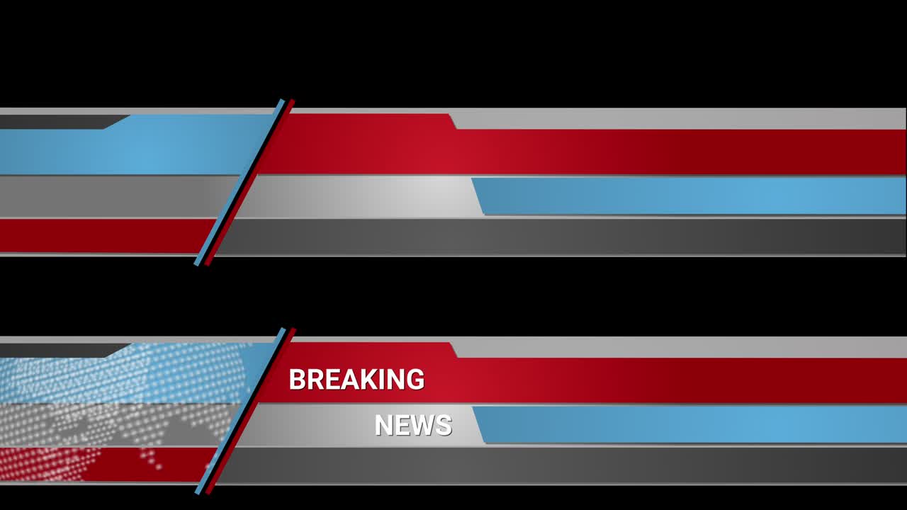 Breaking news headlines live for news events. Transition to Lower Third Title Strap with a rotating world map on black background. Can be used with online media, TV and social media
