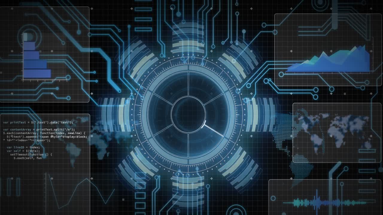 Animation of circular scanner processing data on interface over motherboard on black background