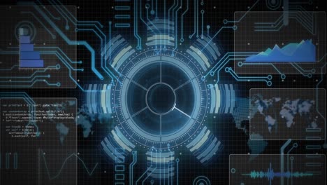 animation of circular scanner processing data on interface over motherboard on black background