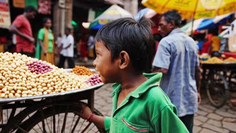 young boy pushes a cart laden with nuts through a vibrant and crowded indian market, his face expressing the joys and challenges of his daily life
