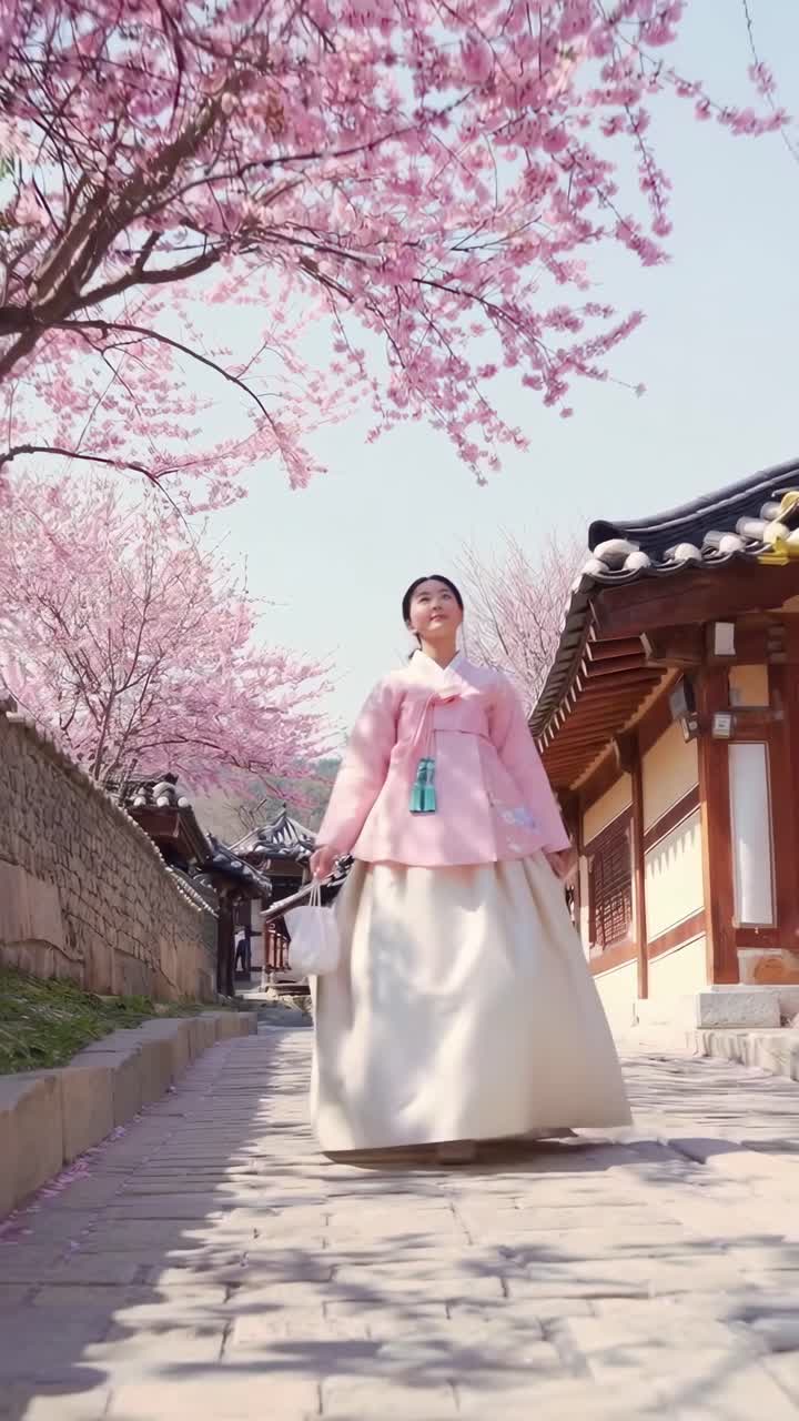 Video di una donna in abito tradizionale che cammina sotto i fiori di ciliegio, ripresa dal basso