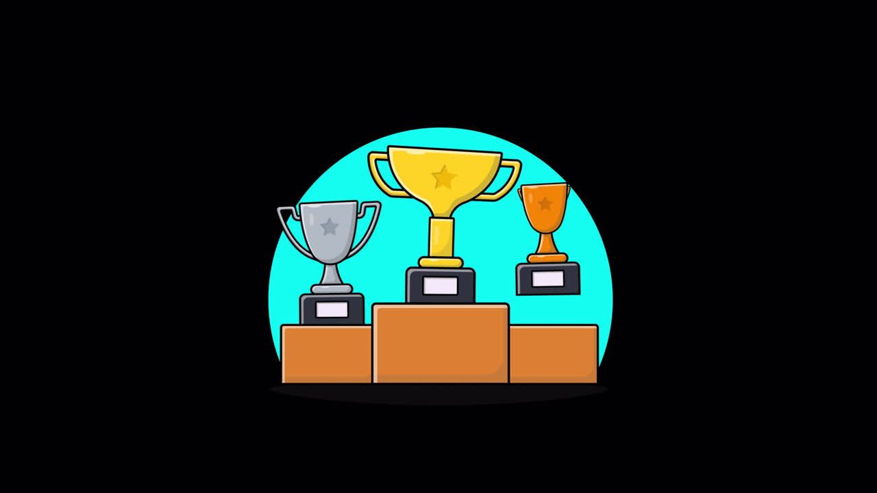 Animated Cartoon Trophies Appearing on a Winner's Podium