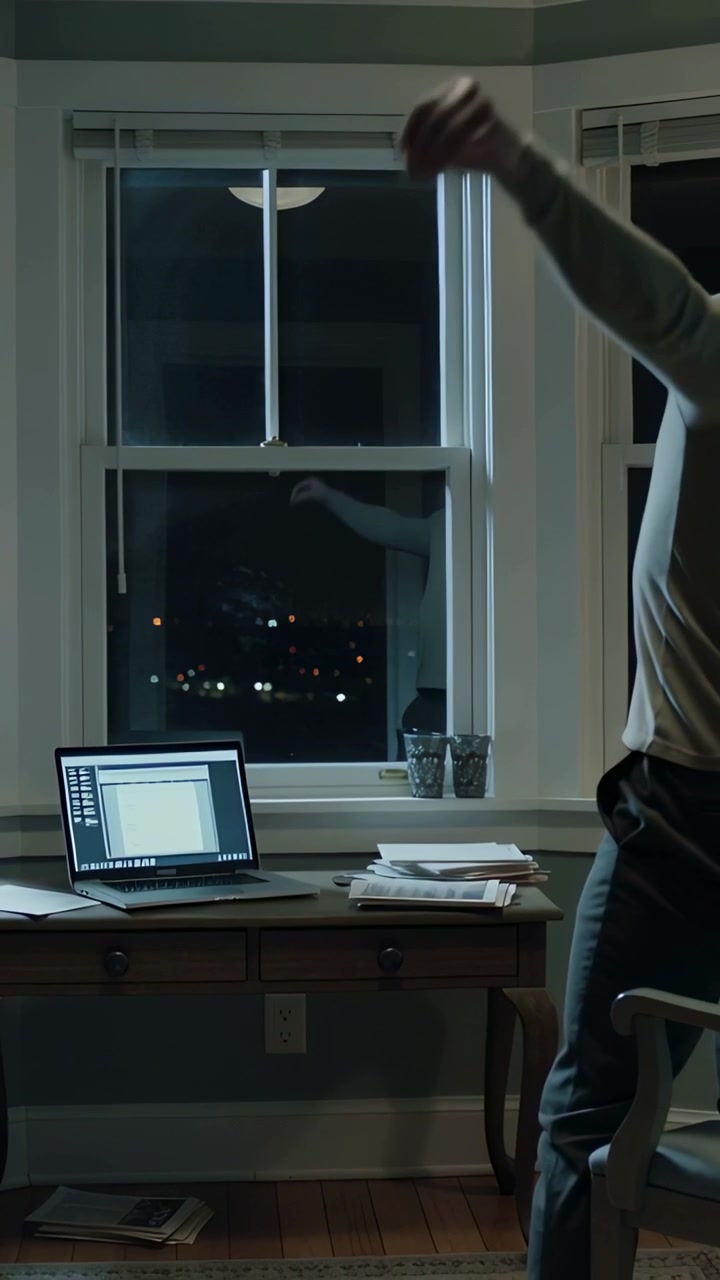Vertical video: Rising man going to study window raising arm seeing lights laptop jumper