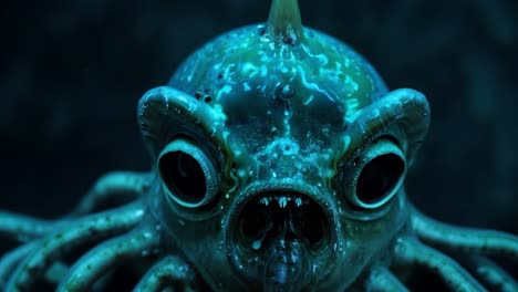 alien like creature with tentacles, large eyes and a bioluminescent pattern moves in an aquarium setting