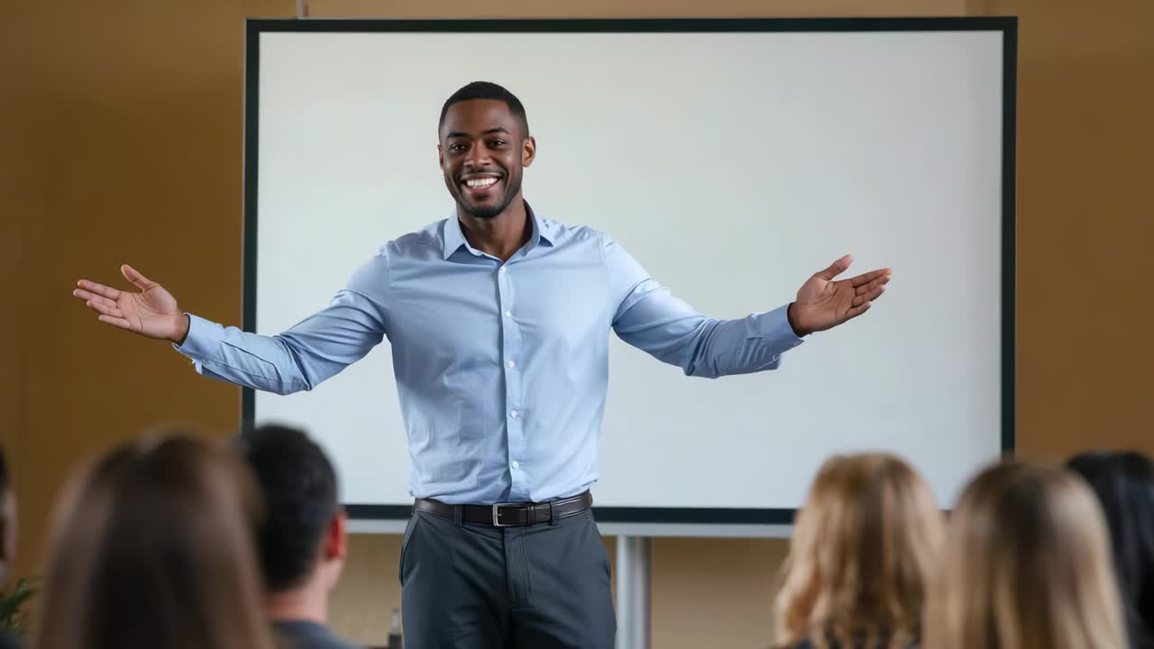 Training session starting presenter in business attire greeting group in training room, with screen