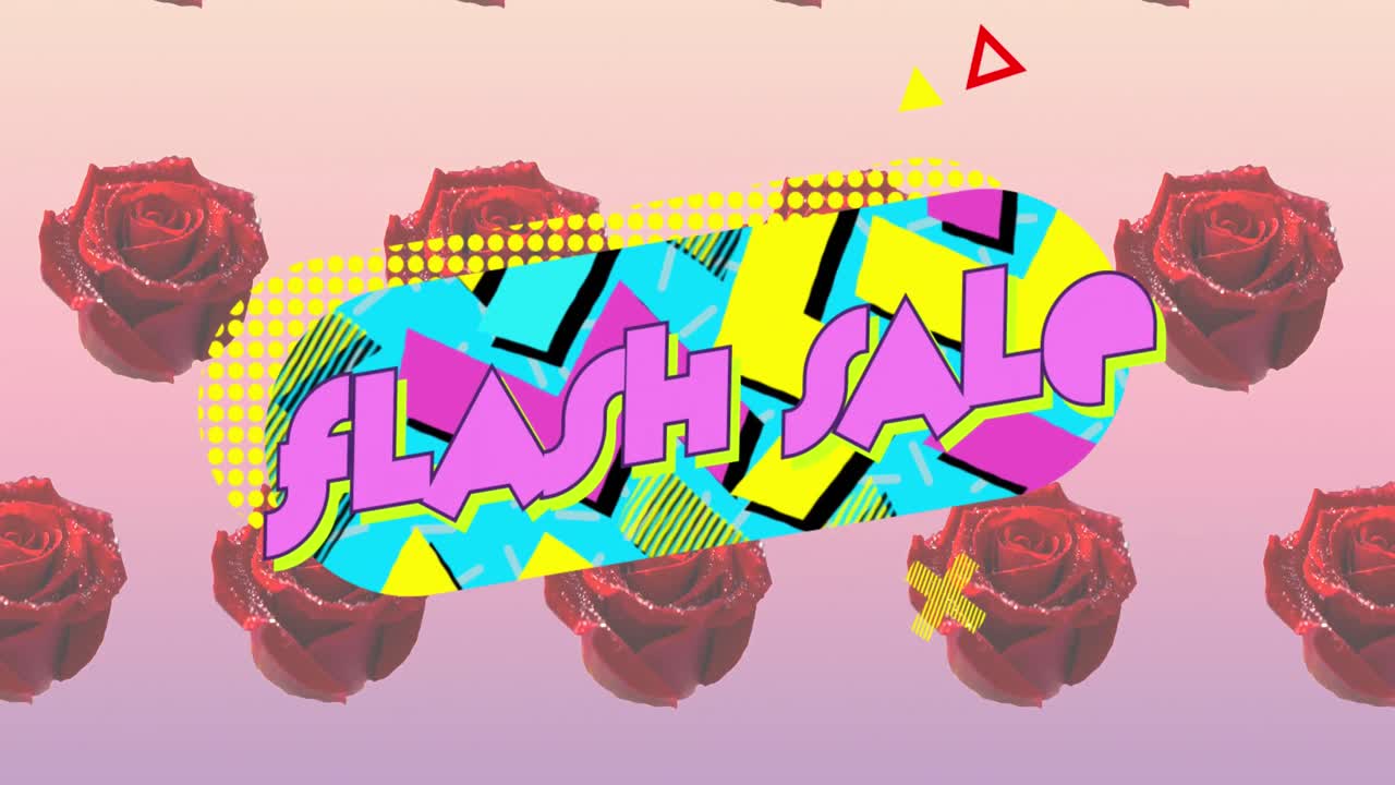 배너와 꽃을 배경으로 플래시 판매 텍스트의 애니메이션