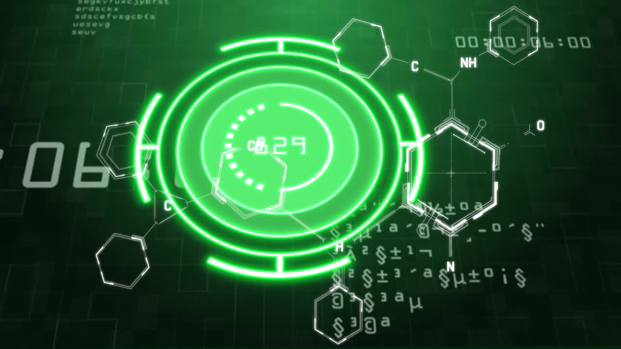 화학 공식과 디지털 코드를 가진 녹색 원형 애니메이션