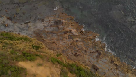 Eine-Luftaufnahme-Aus-Der-Vogelperspektive-Der-Sträucher-Auf-Einer-Klippe-Und-Dann-Der-Rauen-Felsen-Entlang-Des-Ozeans-An-Der-Viktorianischen-Küste