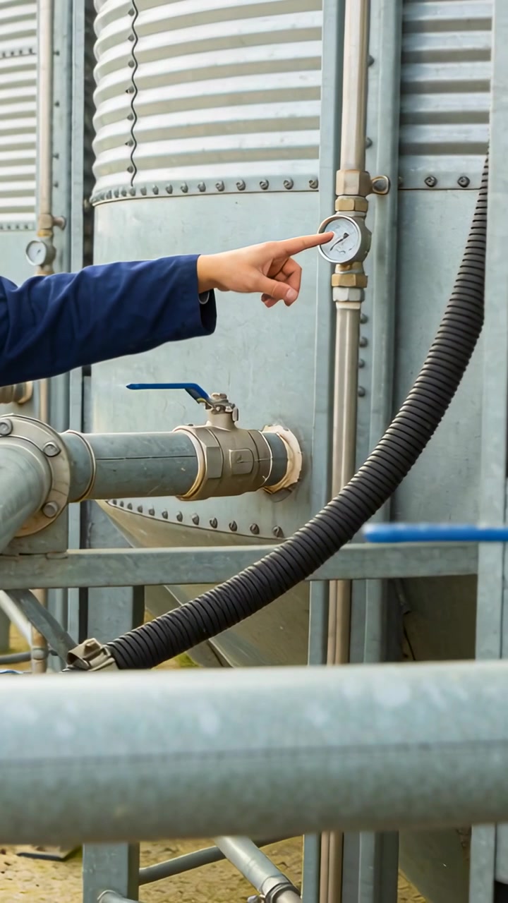 Vertical video: Pointing tech's arm in blue jacket entering left checking pressure gauge near tank