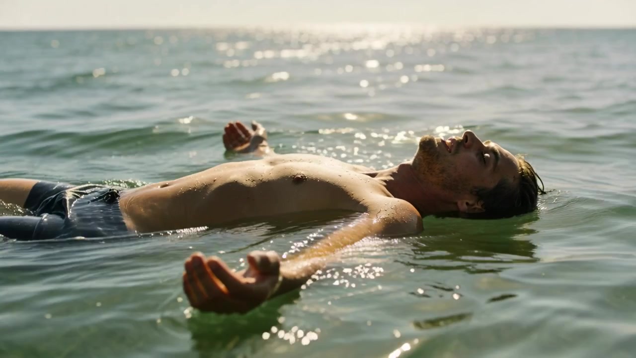 Homme flottant en maillot de bain sombre, dérivant sur le dos en pleine mer, se relaxant au gré des vagues.