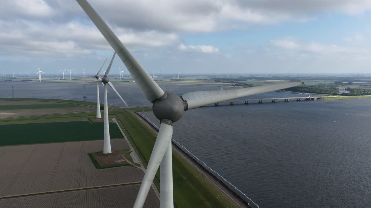 energy from the wind along the ijselmeer, markermeer, clean energy, energy transistion. Renewable energy resources. wind turbines. Aerial drone view.