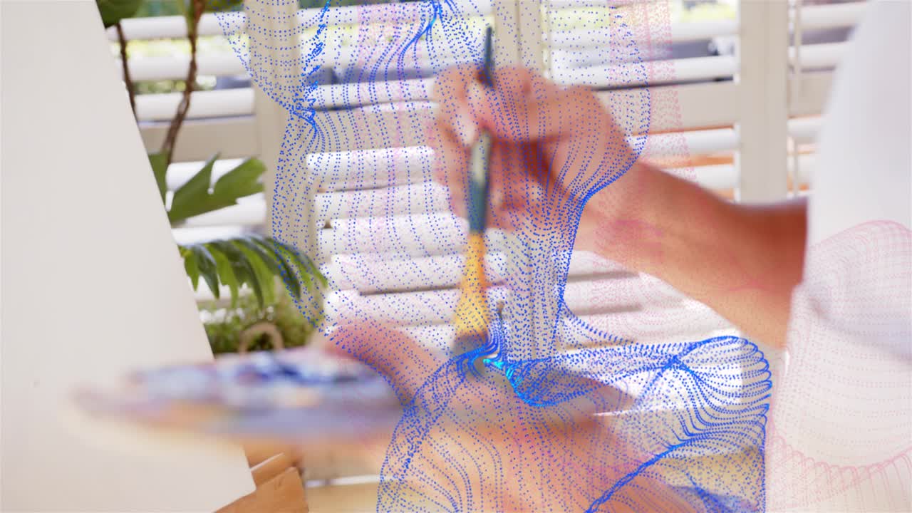 Mature woman artist reaching for brushes, dipping into red jars, painting canvas with mesh tracing
