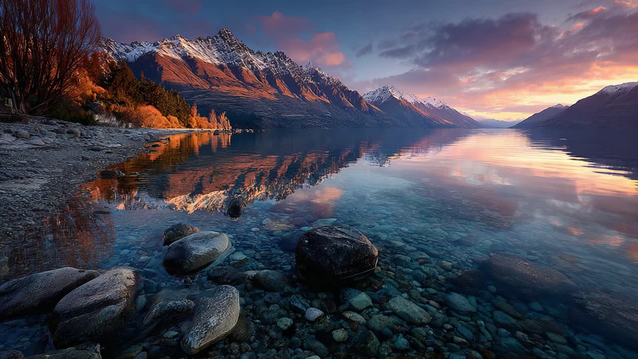 Tranquil Reflections of Majestic Mountains in a Serene Lake at Dusk, Capturing the Beauty of Nature's Splendor and the Harmonious Colors of Sunset