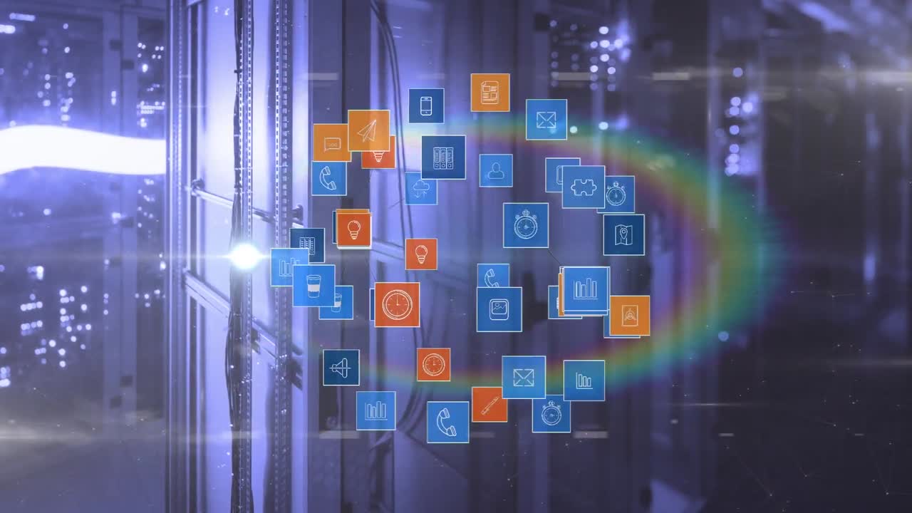 animación del globo hecho de iconos que se mueven sobre los servidores