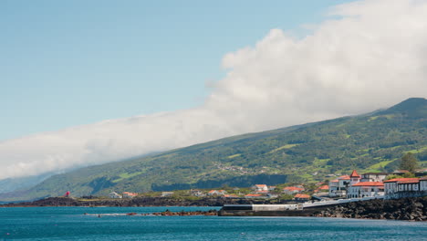 Panoramic-view-of-Pico-island-rocky-coastline-from-the-ocean