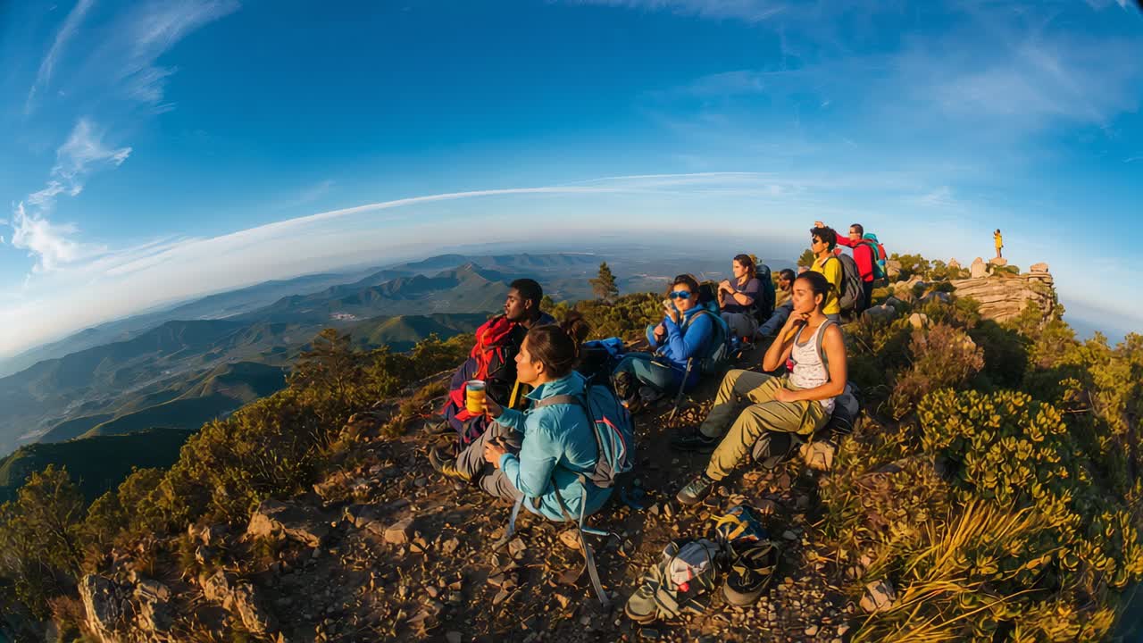 Panoramica della camera, escursionisti con zaini che si sistemano le giacche, bevono e osservano la valle sulla cresta della vetta