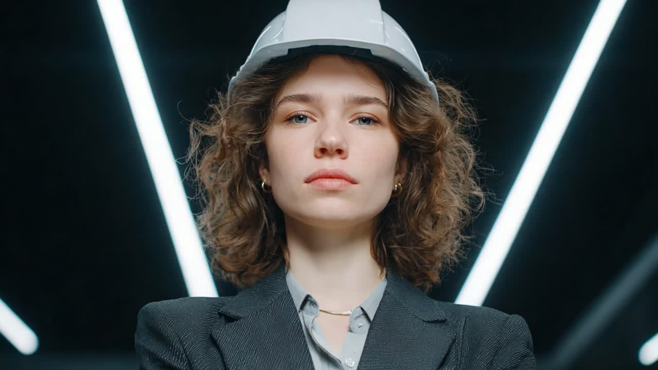 Confident Female Professional in Hard Hat Exudes Leadership and Determination in a Modern Industrial Environment with Striking Lighting