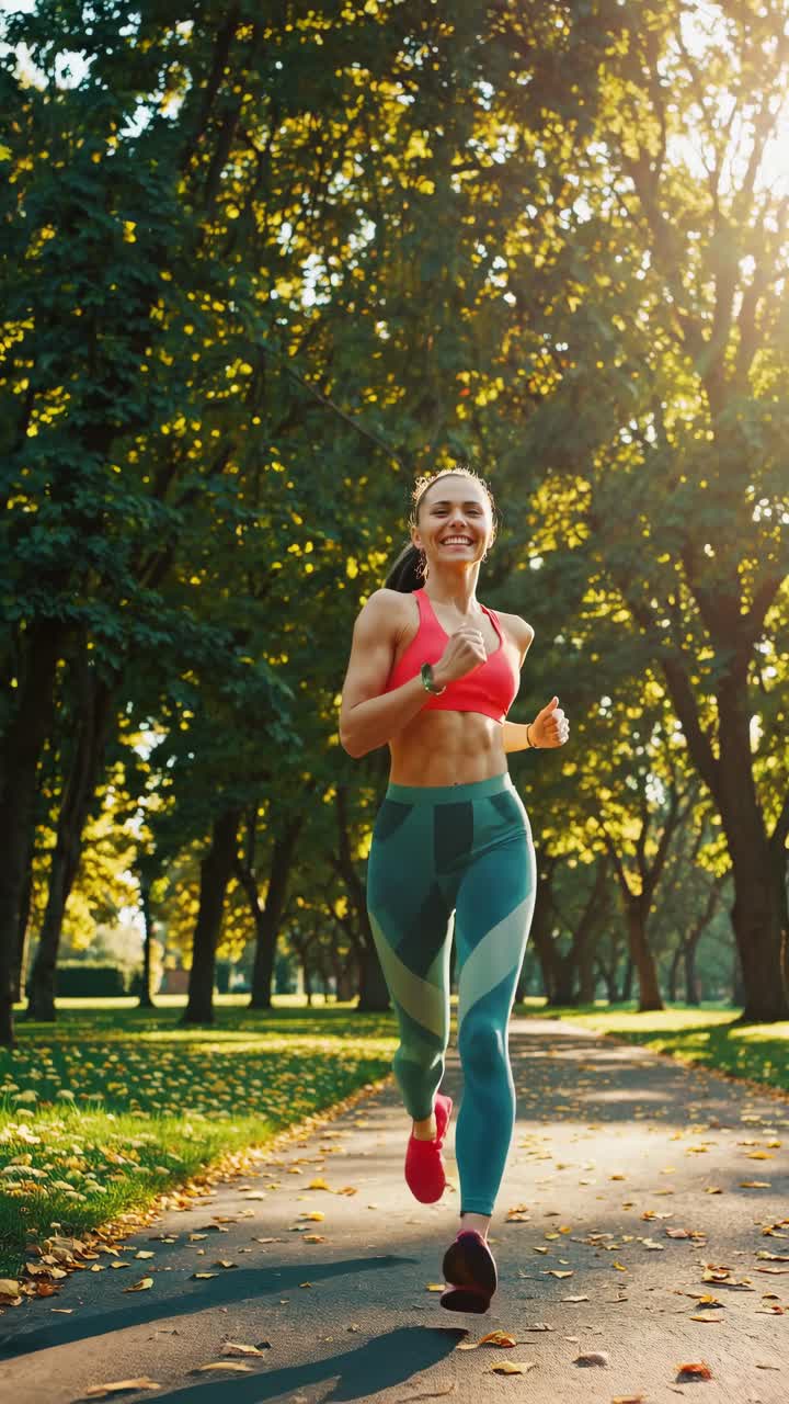 A low-angle video captures a woman jogging in a sunlit park, highlighting her fitness