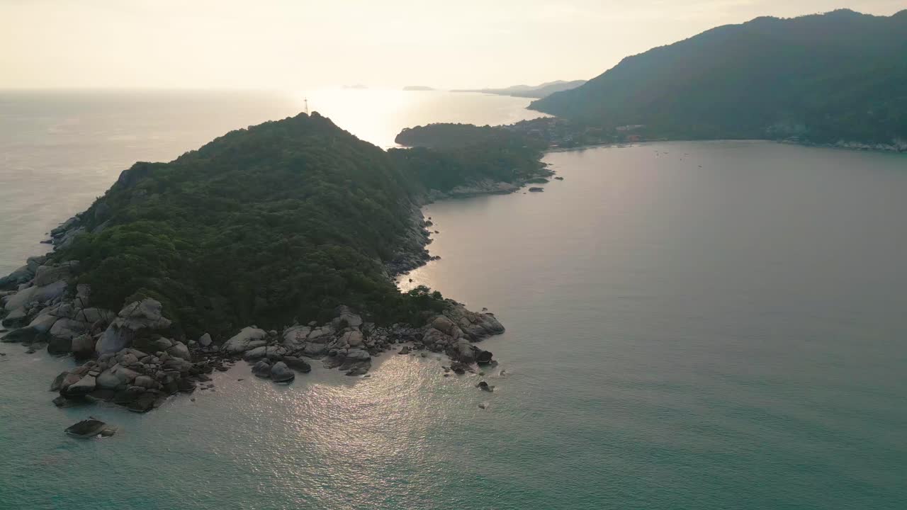 Aerial sunset view of Haad Rin Beach Koh Pha Ngan, full moon party famous destination in south east asia