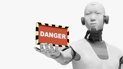 robot humanoid cyborg holding on hand palm a construction roadwork sign warning danger , artificial intelligence taking over concept